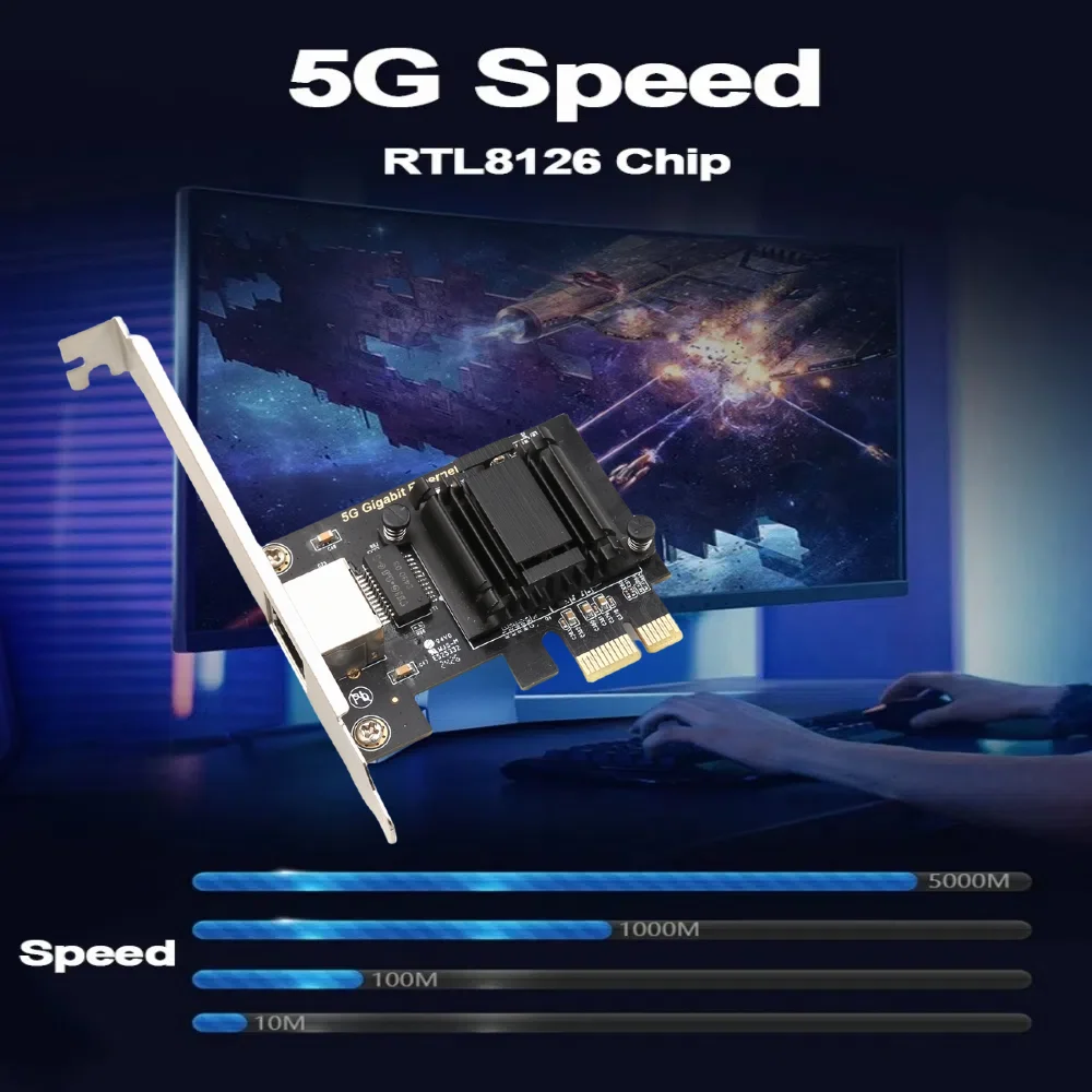 기가비트 이더넷 PCI 익스프레스 네트워크 카드, 데스크탑용 5G PCIe to RJ45 네트워크 카드, RTL8126 칩, 10, 100, 2500, 5000Mbps, 1Gbps, 5Gbps