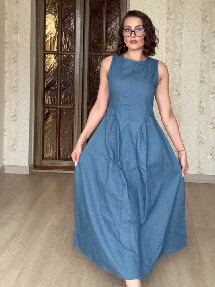 캐주얼 라운드 넥 레이스 업 백 레스 데님 드레스 민소매 하이 웨이스트 루즈 지퍼 가운 여... - 3