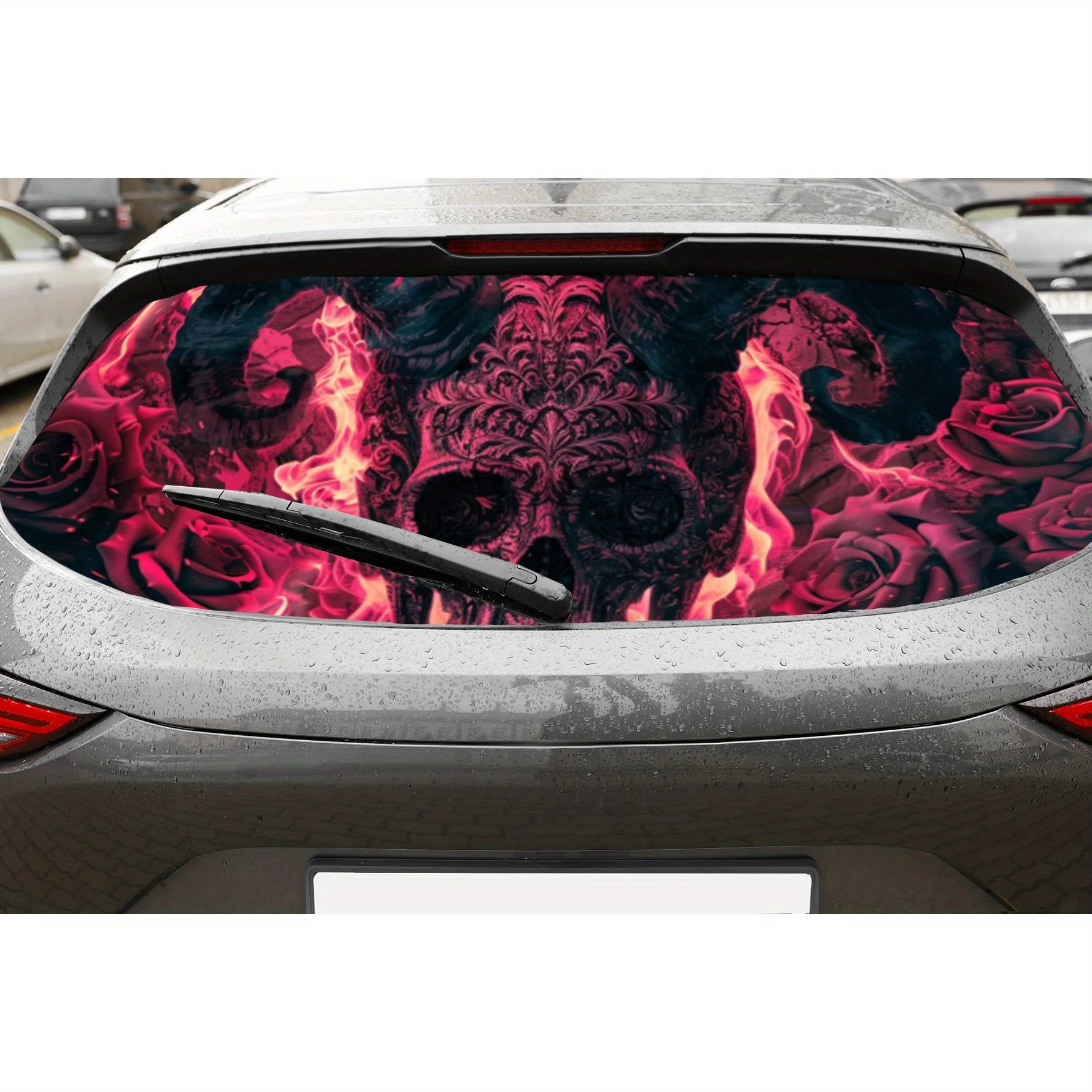 

Перфорированные автомобильные виниловые обертывания с розовым пылатым черепом и розой из ПВХ, улучшающий конфиденциальность дизайн для заднего окна, наклейка на заднее лобовое стекло автомобиля