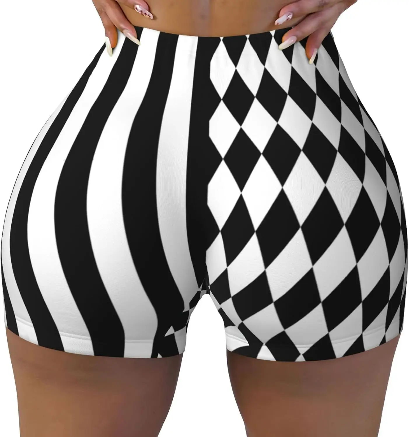 Pantaloncini da allenamento da donna a strisce verticali a forma di diamanti bianchi neri Pantaloncini da yoga Pantaloni fitness corti atletici elastici