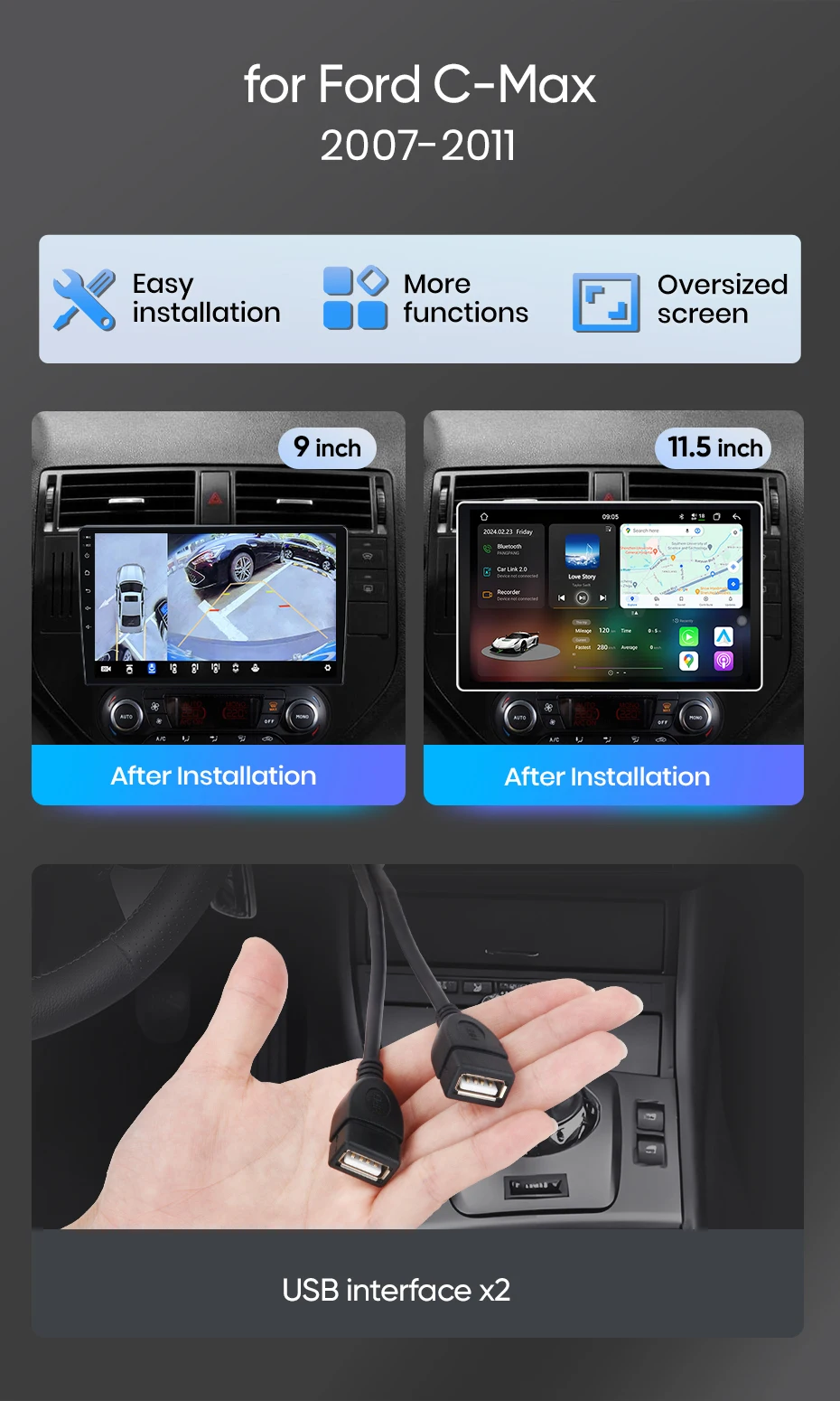 Junsun Android Auto Autoradio für Ford C-Max 2007 2008 2009 2010 2011 Multimedia Wireless Apple CarPlay Smart Intelligent Systems IPS Touchscreen Stereo Video Player 2 Din Autoradio Head Unit Navigation BT GPS 4G WIFI FM AM DSP RDS SWC – Detail 4