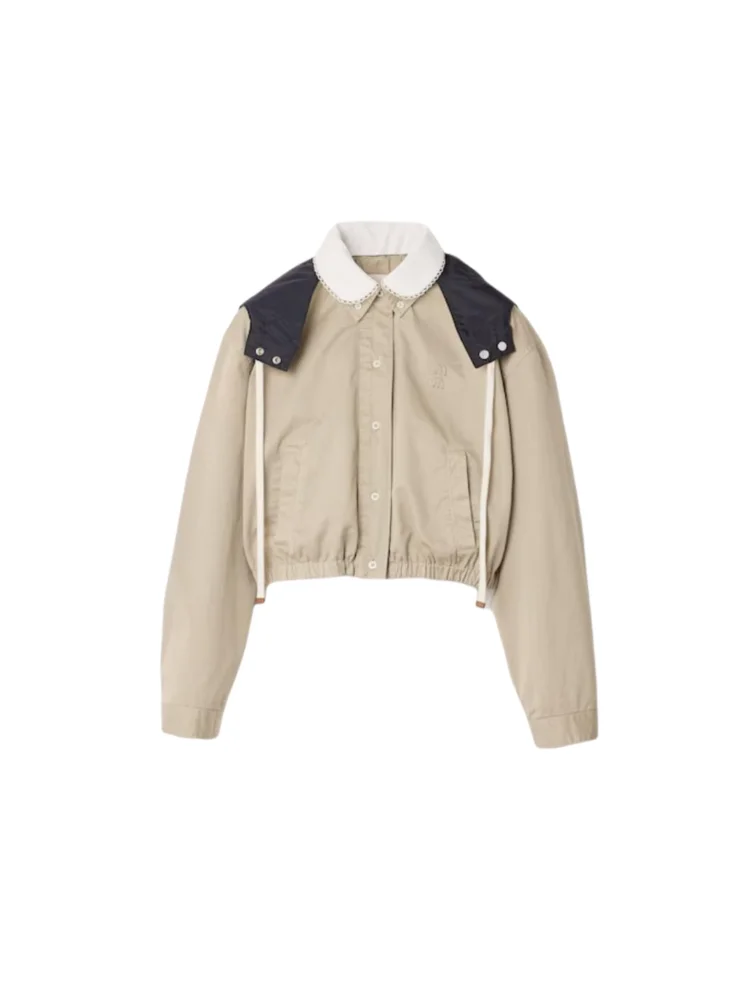 

Removable Hood Workwear Jacket Women's Casual Style Cotton Long Sleeve Short Coat Button Closure Embroidery Patch Letter