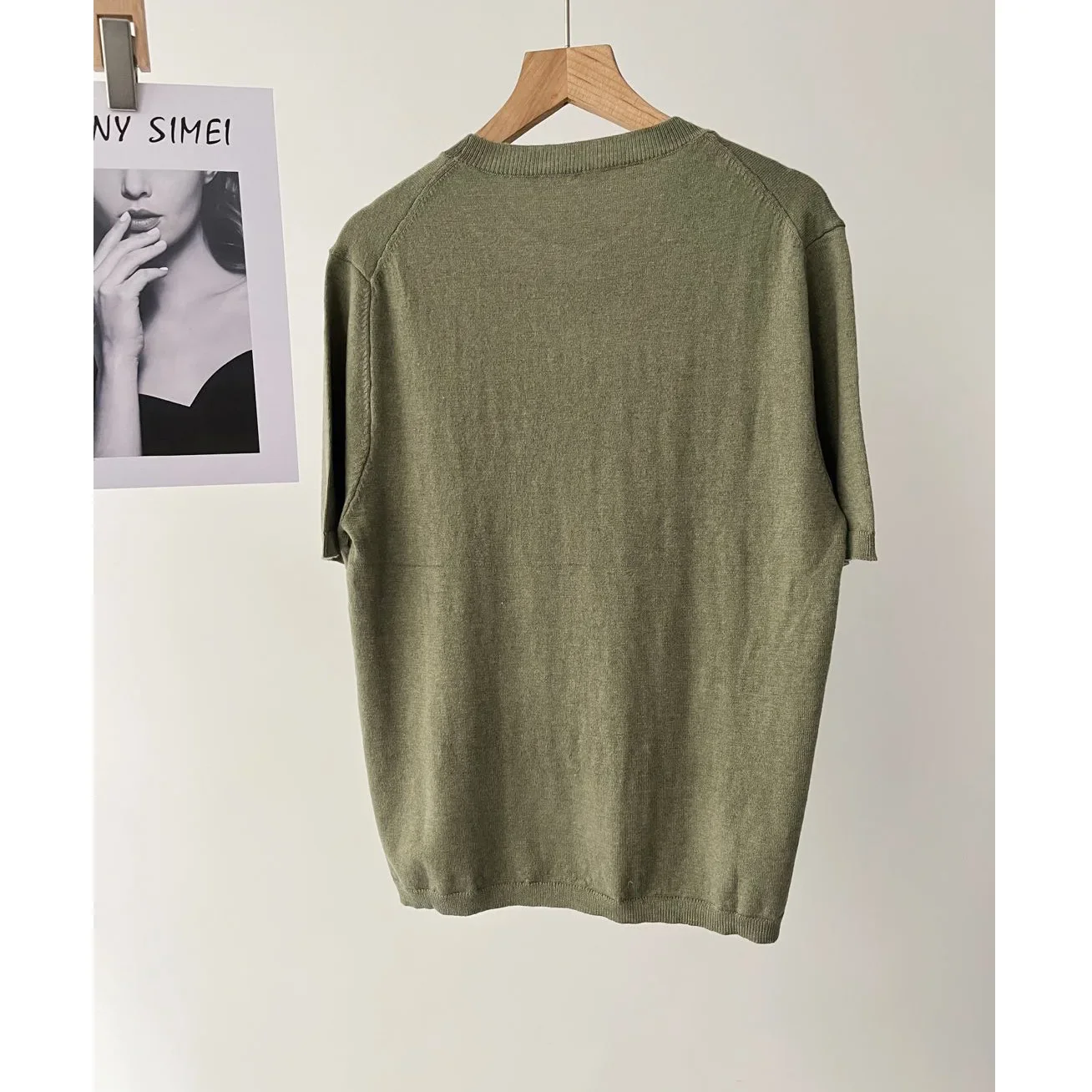 Women's casual wind green light soft waxy wool blended round neck short-sleeved knitted T-shirt 16a