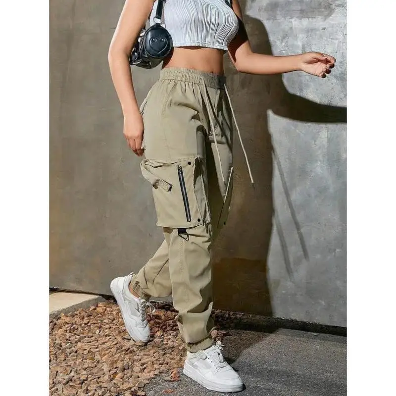 

Faionable Pure Color Ladies Dstring ket Pants High Waist Straight Leg Casual Trousers ex High Street Sle