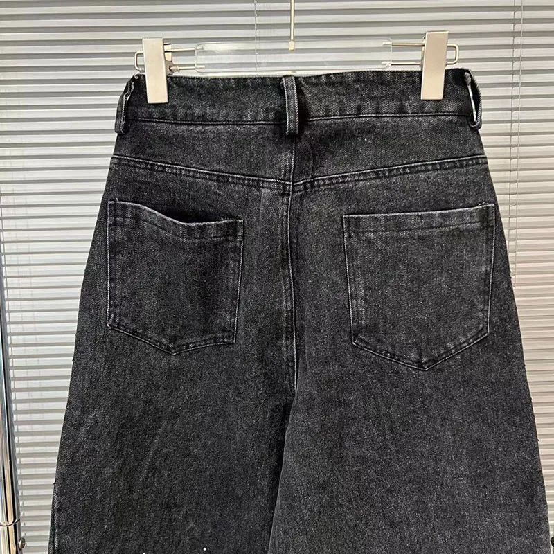 KBQ Slimming Spliced Diamonds Solid Denim Pants For Women High Waist Spring Straight Temperament Trousers Female Fashion Style