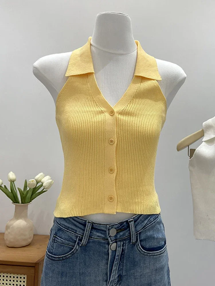 مضلع متماسكة الرسن قميص بولو بلا أكمام زر الجبهة المحاصيل الدبابات كاميس الصيف النساء في سن المراهقة فتاة 90s الزي خمر