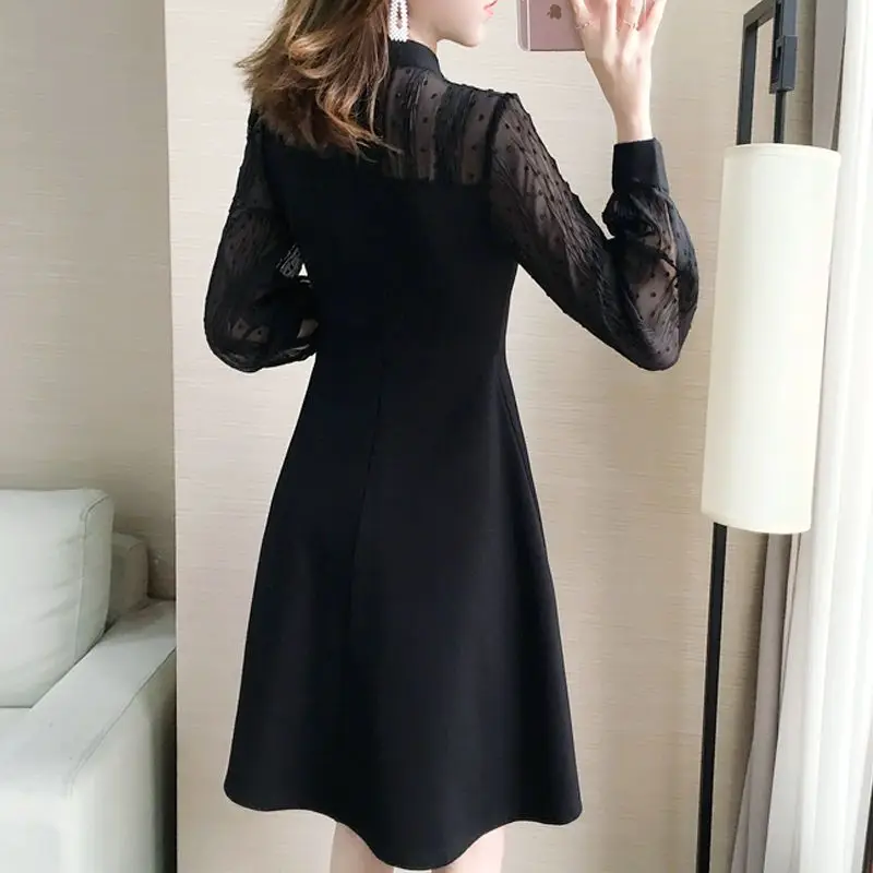 Spring Autumn Women Sexy See Through Mesh Patchwork Elegant Party Dresses Black Long Sleeve High Waist Slim Midi Dress Vestidos