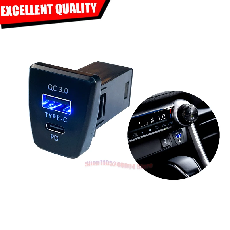 Upgraded For Toyota RAV4 Vranda 2020-2023 Center Control Position PD QC3.0 12V 24V Fast Charging Cigarette Lighter Socket