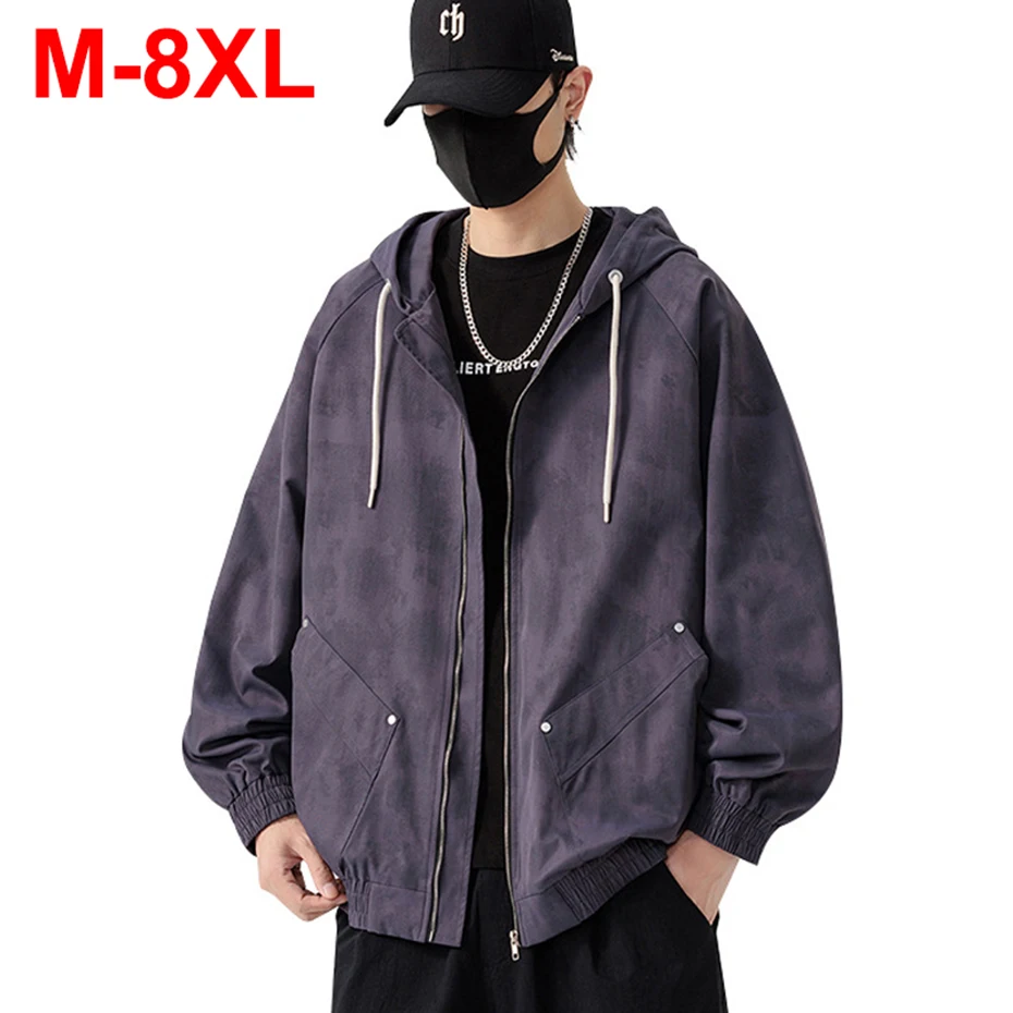 

Весенние мужские куртки 2024, большие размеры 7XL, 8XL, ветровка с капюшоном, черные свободные повседневные куртки, пальто, верхняя одежда 6XL