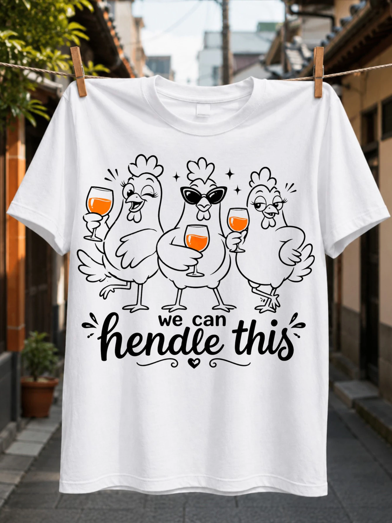Podemos manejar esta imagen gráfica con un diseño de tres gallinas de dibujo lineal que sostienen bebidas de color naranja y una camiseta unisex con un divertido error de ortografía.
