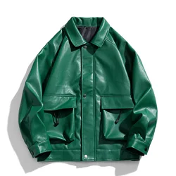 Green PU Soft Leather Men's Leather Jacket, Casual Jacket, Motorcycle Lapel Workwear, Thin Style Spring and Autumn Clothing