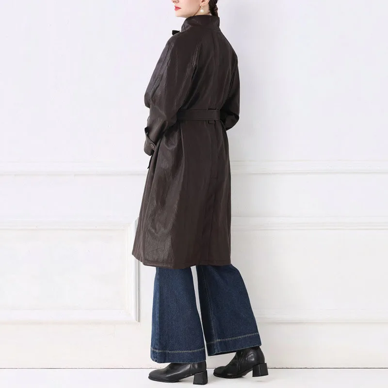 HKSH ربيع الخريف جديد المرأة سترة طويلة بولي Leather الجلود الوقوف طوق حزام جيب بلون خمر الشارع الشهير خندق معطف HK14050