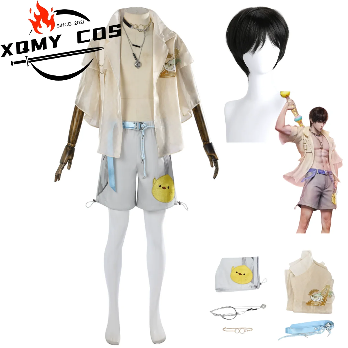 XqGame Naraka: Bladepoint Kylin Zhang Косплей Костюм Летний пляжный купальник Рубашка Шорты Полный комплект Парик Мужской карнавальный костюм для вечеринки