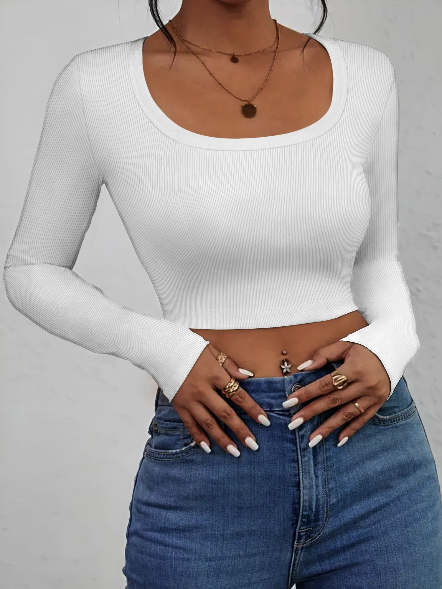 Brunch-Friendly Ribbed Crop Shirt, Slim Square Neck Blouse for Urban Leisure & Girl Meetings