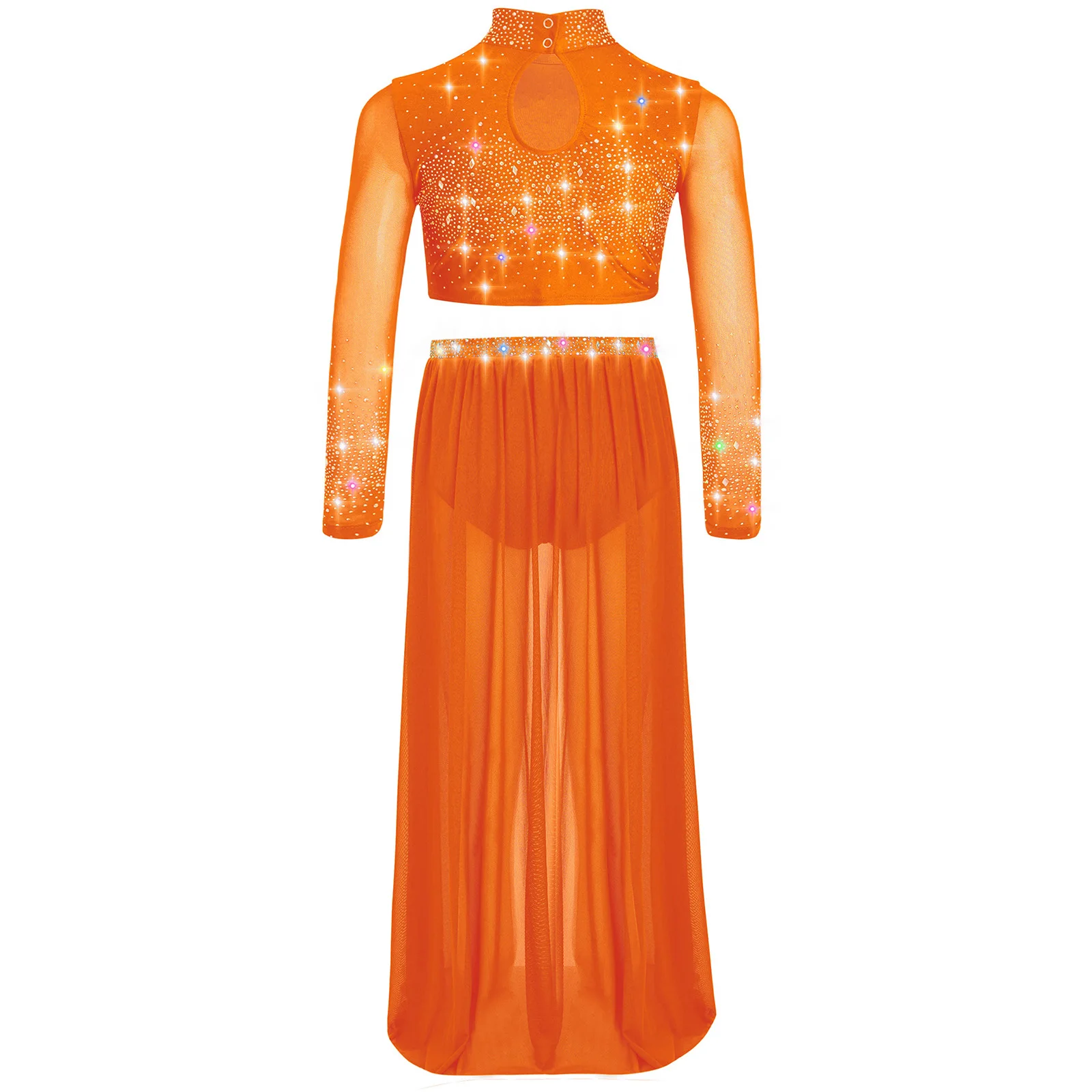 キッズガールズ叙情的ダンスセット現代スケートバレエジャズダンス衣装長袖ラインストーンクロップトップとシアーメッシュスカート