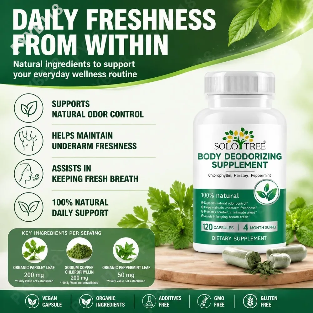 Body Deodorizing Capsules with Sodium Copper Chlorophyllin & Peppermint for Breath Support & Internal Odor Control 120 Capsules