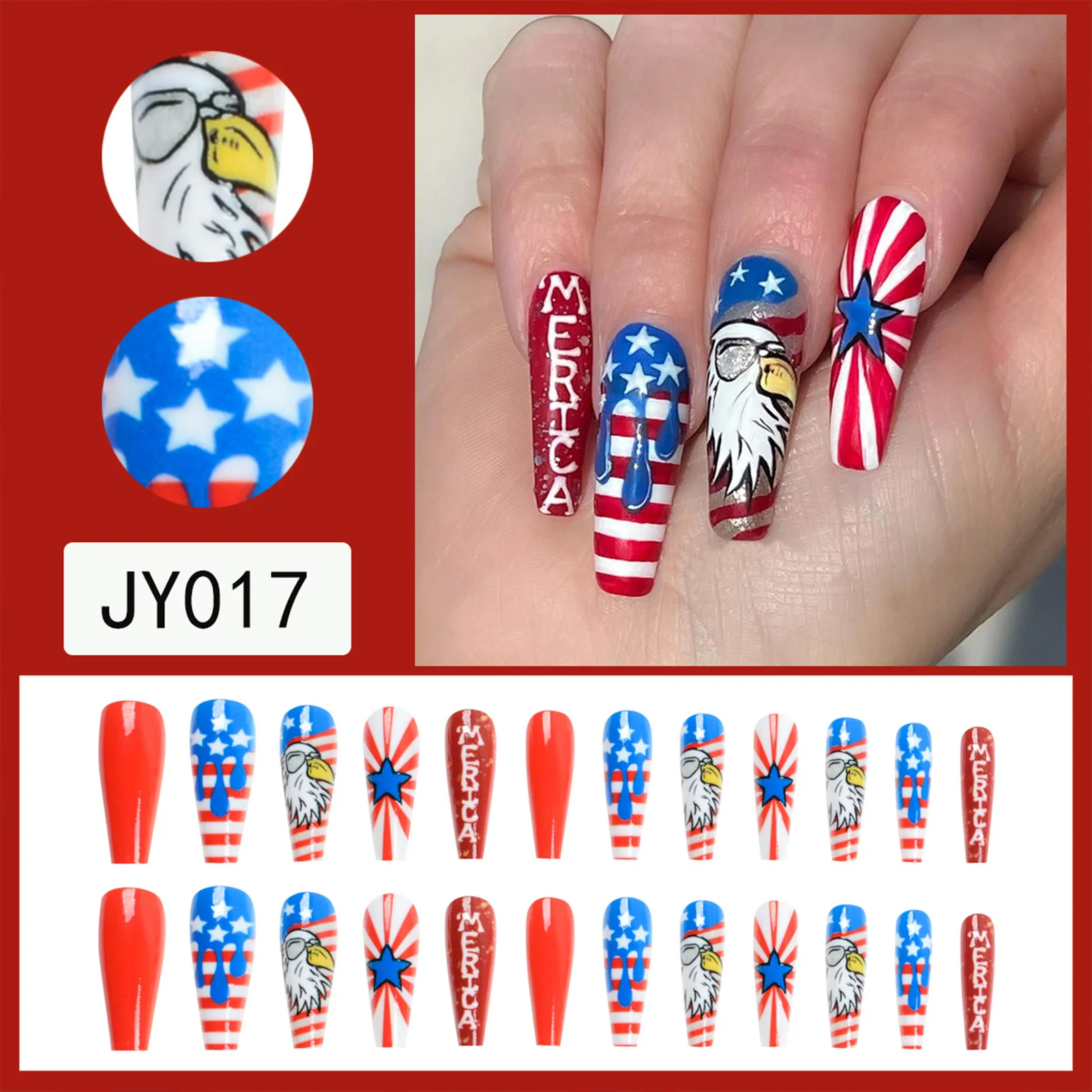 The-Stars-and-The-Stripes Red Long Fake Nails Add Independence Day's Atmosphere Nails for Party Dating and Wedding