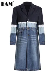 [EAM] Women Blue Denim Color-block Big Size Trench New Lapel Long Sleeve Windbreaker Fashion Tide Spring Autumn 2024 1DH2825