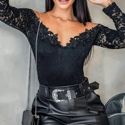 2024 Spring Summer New Women's Solid Color V-Neck off-Shoulder Lace Stitching Sheer Long Sleeve Jumpsuit