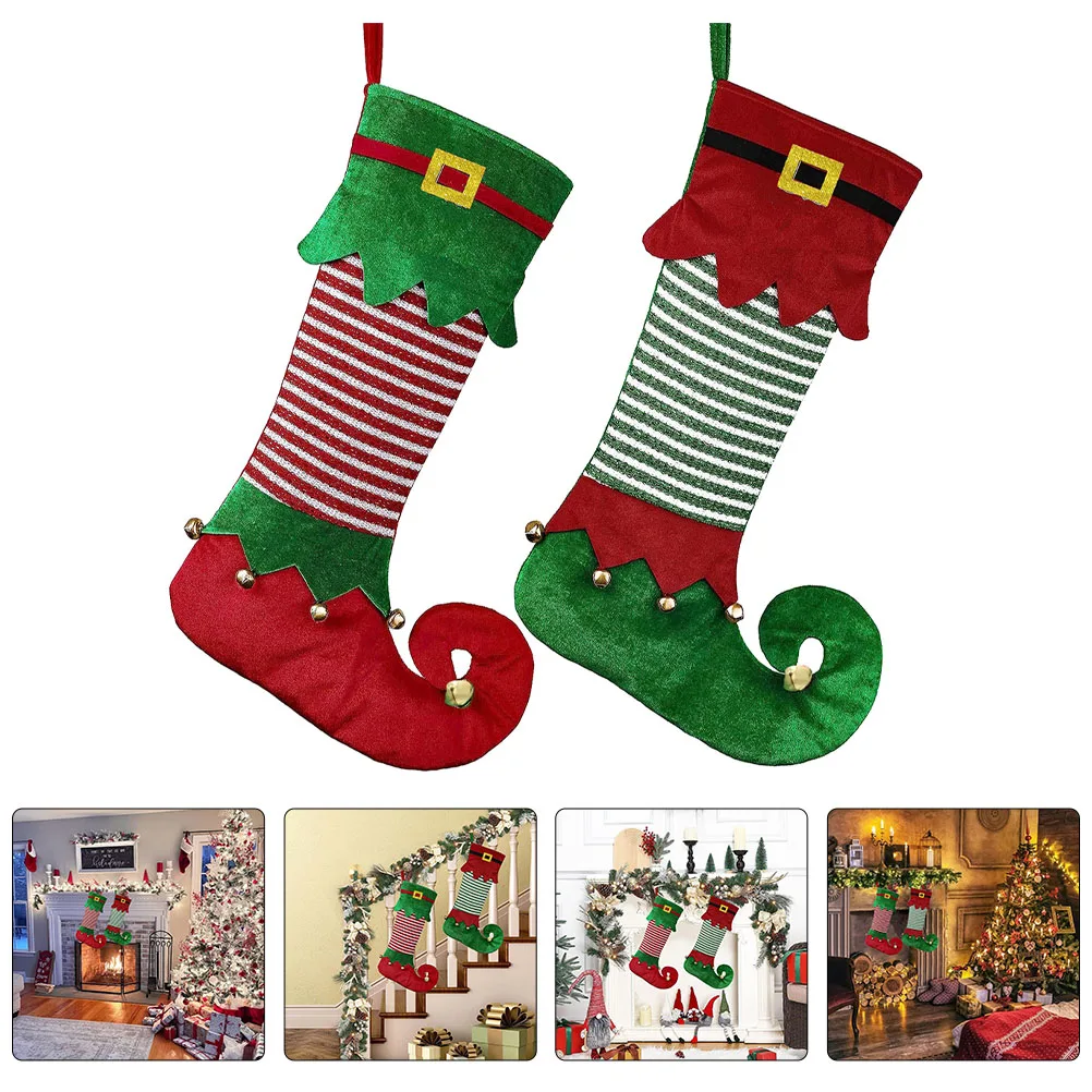 

2pcs Christmas Decoration Socks Festive Xmas Stockings For Party Home Fireplace Tree Hanging Decor Supplies Gift Bag
