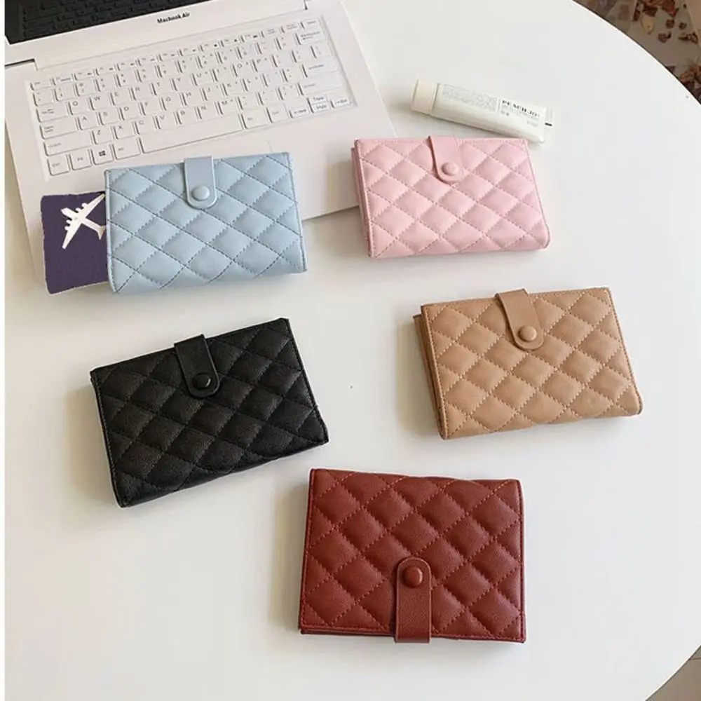 

Rhombus Plaid Leather Passport Holder Korean Style Solid Color Certificate Storage Bag Airplane Check-in Card Case Passport Clip