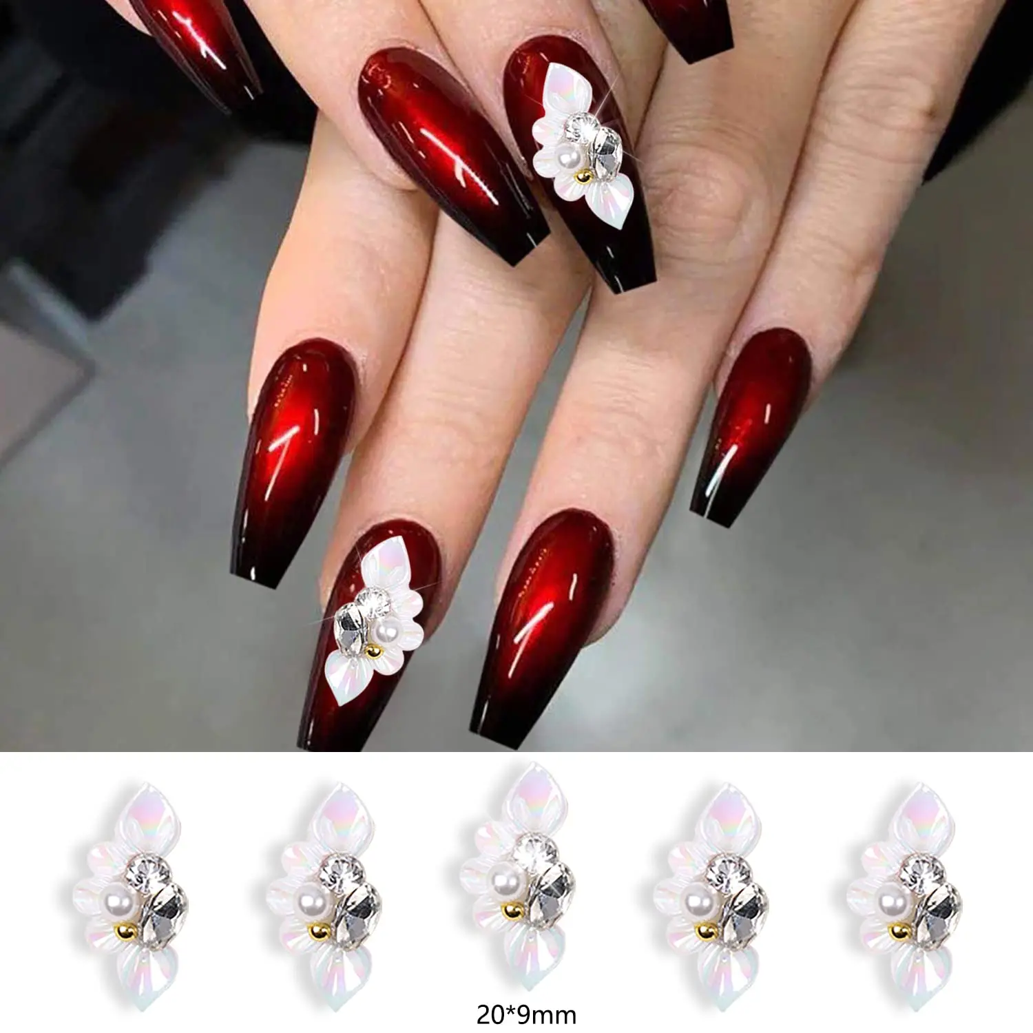 40pcs White Flower Nail Charms, 3D Flower Beads for Nails Resin & Acrylic Crystals, Flat Back Nail Art Accessories for Women