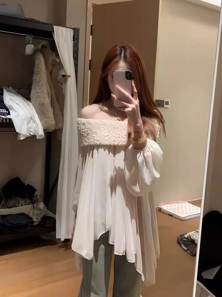 

Kumikumi Loose Long Sleeve Shirt Women's Fashion Spring Youthful Lace Trim One Shoulder Top Elegant Bubble Sleeve Blouse