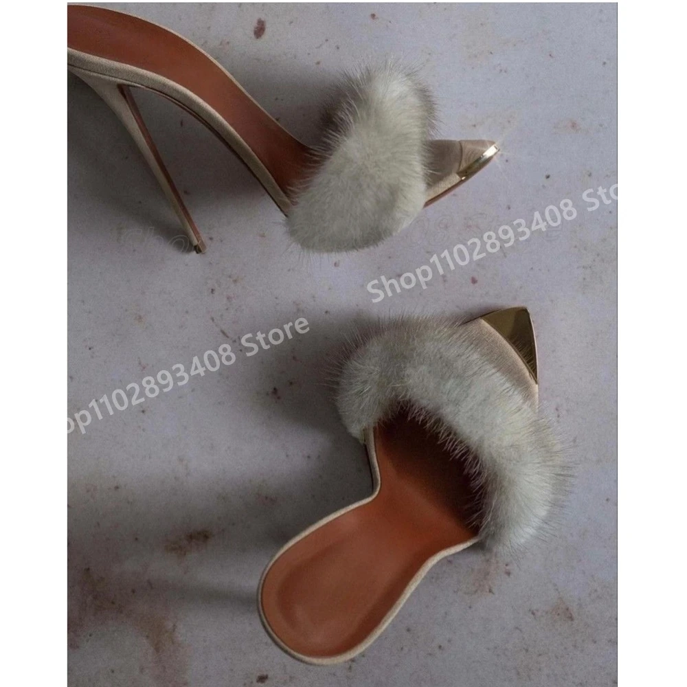 

White Feather Decor Open Toe Party Slippers Stiletto High Heel Leather Pointy Sexy Women Shoes 2025 Summer Zapatos Para Mujere
