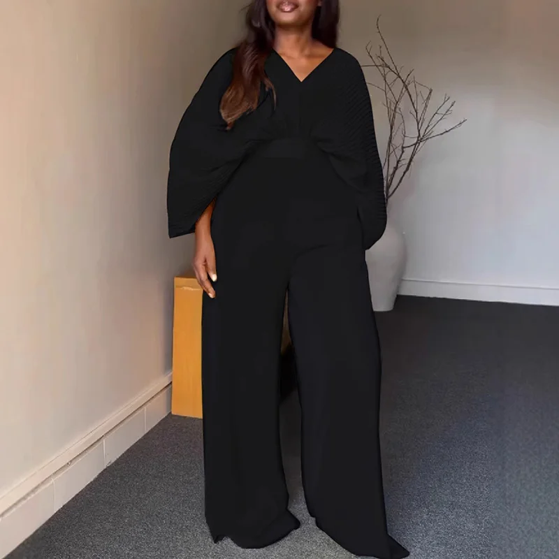 

Sexy V-neck Bat Sleeve Top & Long Pant Set Office Lady Casual Wide Leg Pant Suit Fashion Solid Loose Pleated Commuter 2Pc Outfit