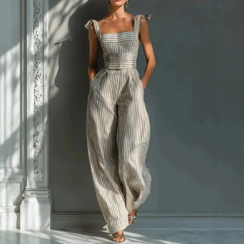 

High Street Sleeveless Camisole Women's Jumpsuit Elegant Pocket Pants Office Playsuits Sexy Off Shoulder Striped Printed Romper