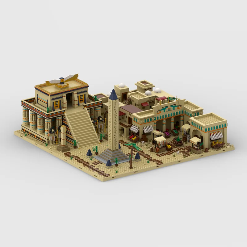 9916-delige modelbouwstenenset – Diorama van het oude Egypte – modulaire markt, tempel, obeliskvierkant en woestijndorfhuizen