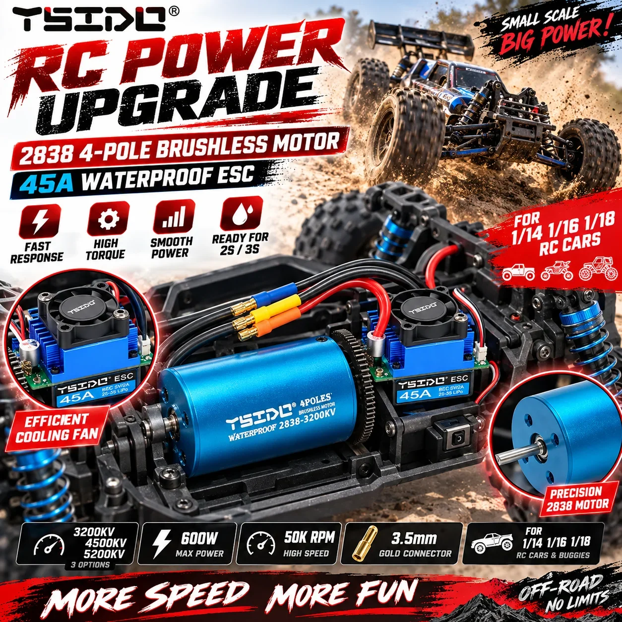 2838 Waterproof Brushless Motor 45A ESC Speed Controller for Wltoys Remo Hobby XLH Timaya Redcat 1/14 1/16 1/18 RC Car Boat