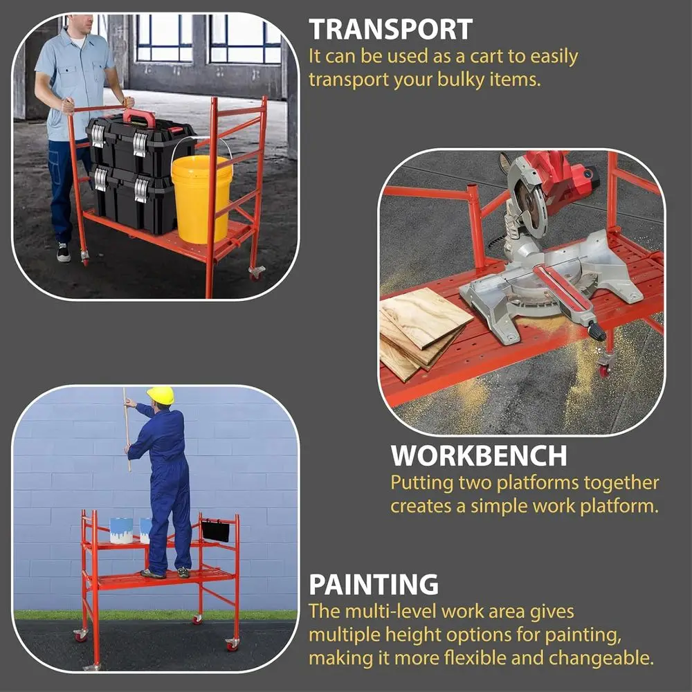 منصة سقالة 4 أقدام عالية السقالات المتنقلة سعة 770 رطل مع عجلات قفل وحقيبة أدوات، أحمر