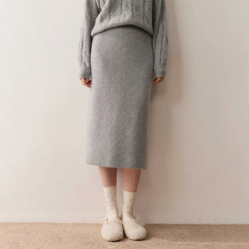 

Women's 100% Cashmere Fashionable Lady's Midi Skirt Autumn Winter Elastic Waist Versatile Long Skirt Comfortable Knitwear Bottom