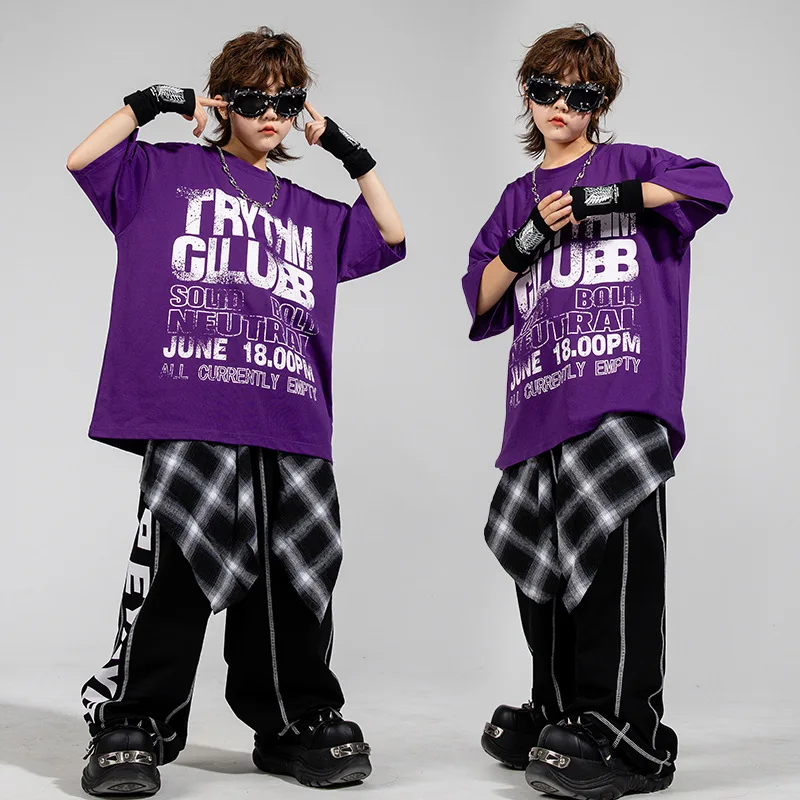 Jungen Hip Hop Tanz Kleidung Set Lila T-shirt Hosen Jazz Praxis Tragen Straße Tanzen Performance Outfit Bühne Kostüm