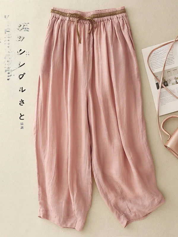 

Двухслойные тонкие хлопковые и льняные шаровары с эластичной резинкой на талии, большие размеры, женские повседневные свободные брюки из девяти предметов, летние