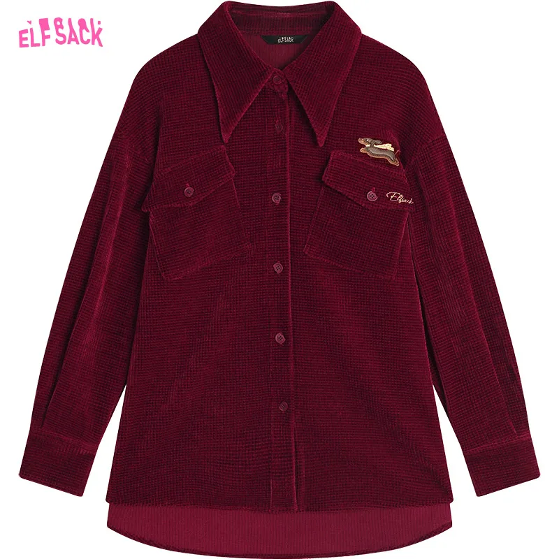 ELFSACK 2024 Winter New Arrivals Vintage burgundy corduroy shirt jacket for women