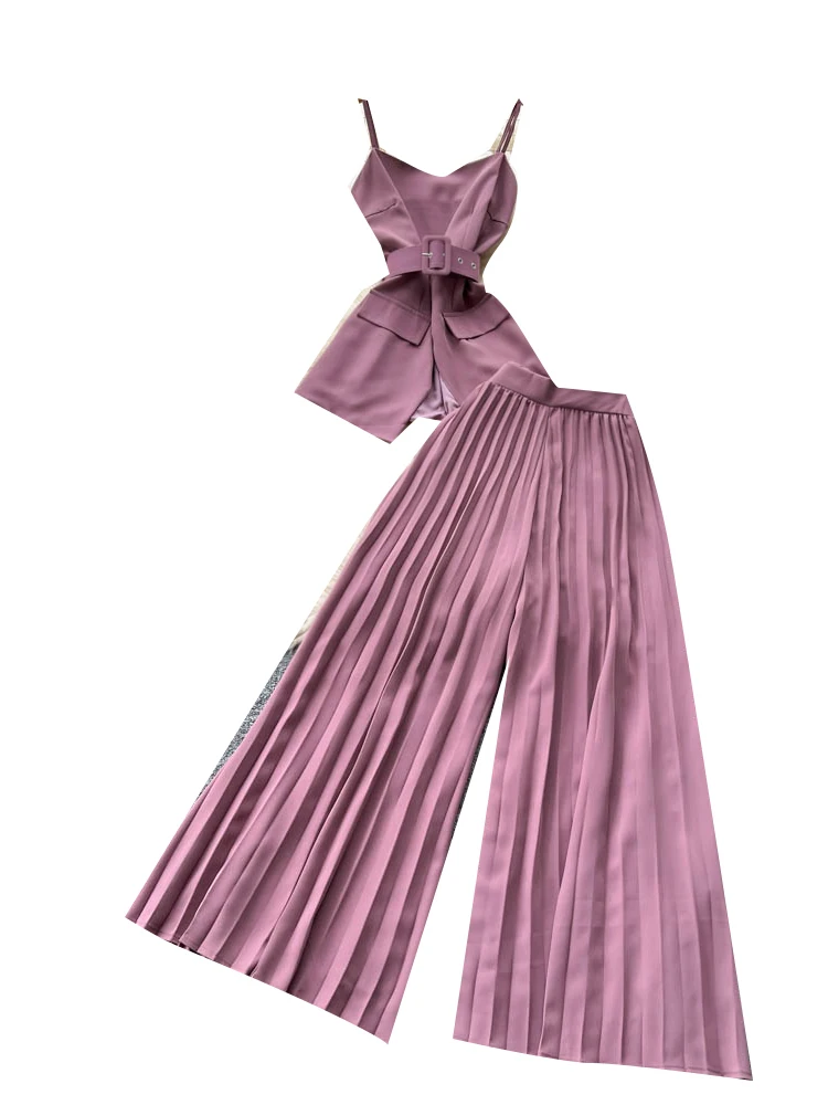 ชุดเซ็ตเสื้อครอปผูกเอวและกางเกงขายาวเอวสูงทรงหลวมสำหรับผู้หญิง สไตล์ลำลองแฟชั่น คอลเลคชั่นฤดูร้อน 2025