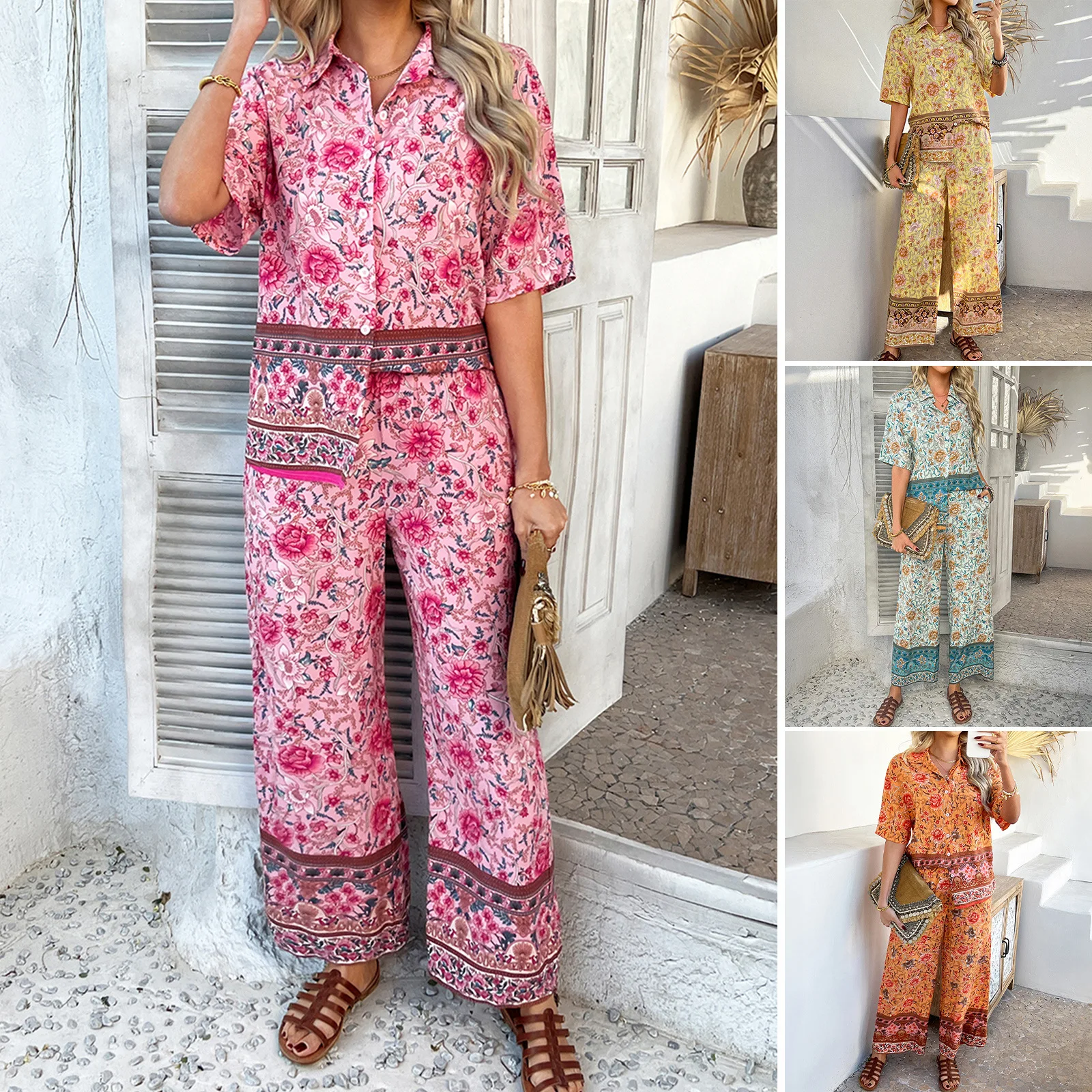 

2025 Spring And Summer Printing Contrasting Colors Bohemian Vacation Style Short-sleeved Trousers Suit Women's Clothing