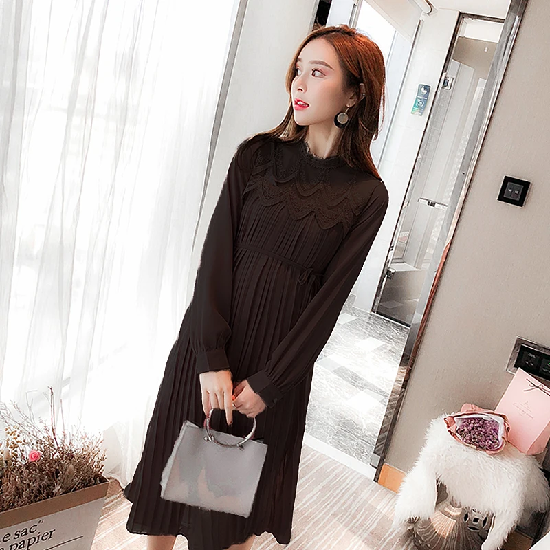 Fashion Korean Style Pleated Chiffon Maternity Long Dress Loose Straight Clothes for n Pregnancy Pink Dresses Clothing