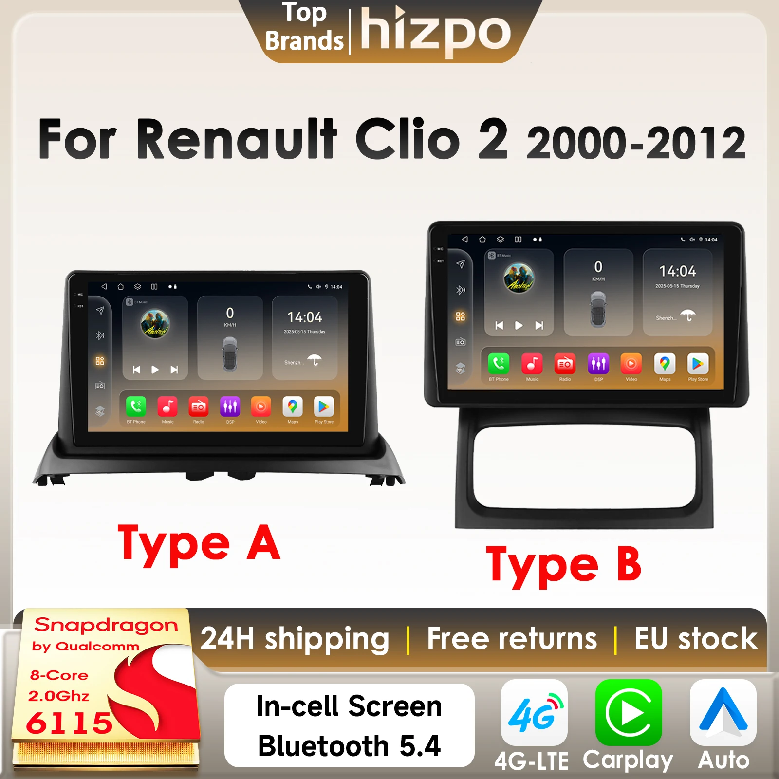 Hizpo 8Core 2Din Lettore multimediale per auto Android per Renault Clio 2 BB CB 2001-2012 AI Carplay GPS 4G 360Camera di Snapdragon 6115
