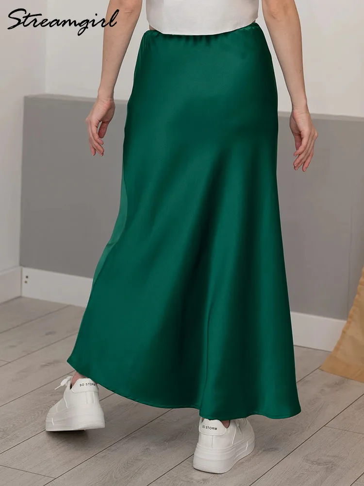 Black Satin Long Skirt Women High Quality Silk Skirts Maxi Tie Up Elegant Office Long Green Skirt For Women Brown Skirts Spring