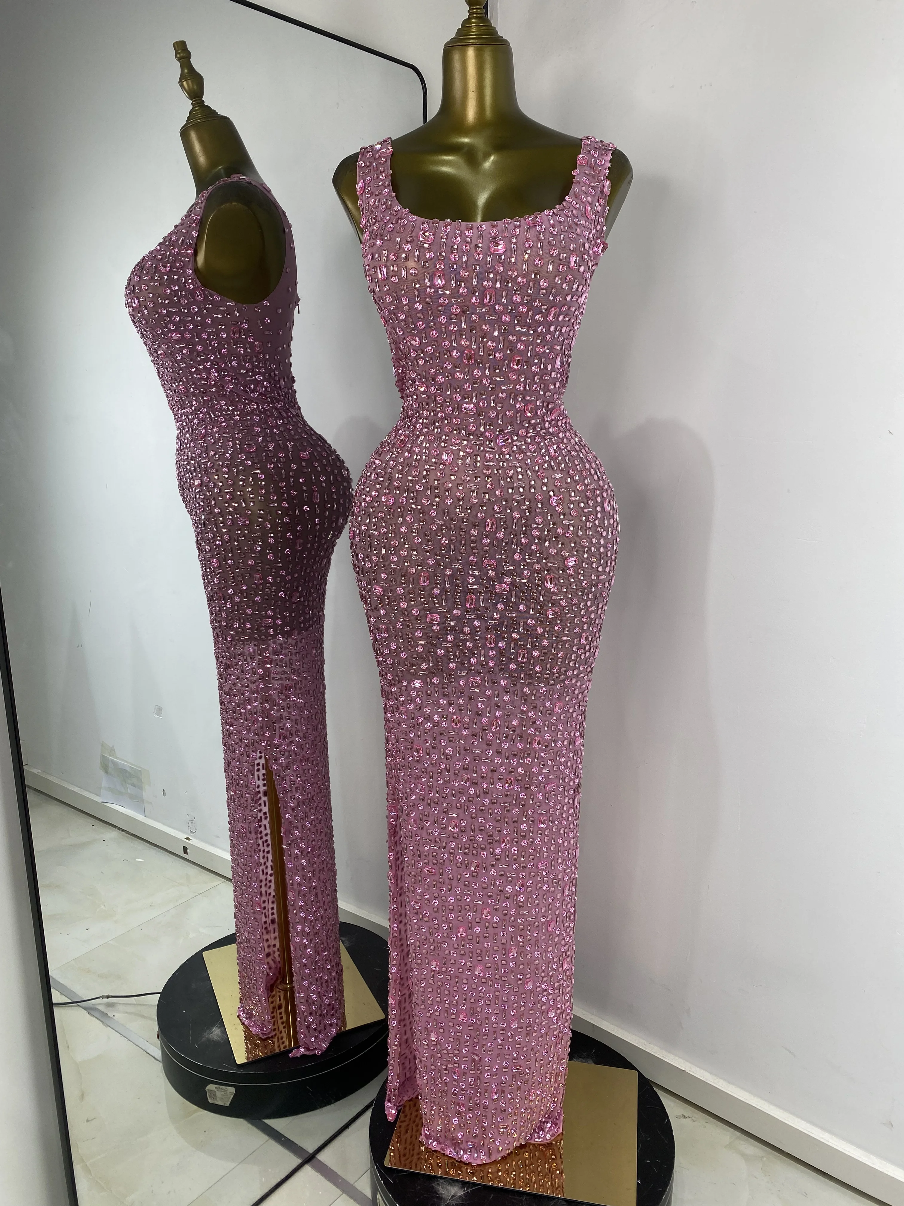 

Women Luxury Pink Full Rhinestones Split Maxi Long Dress Birthday Evening Party Nightclub Stage Costomes Celebrity Prom Gowns
