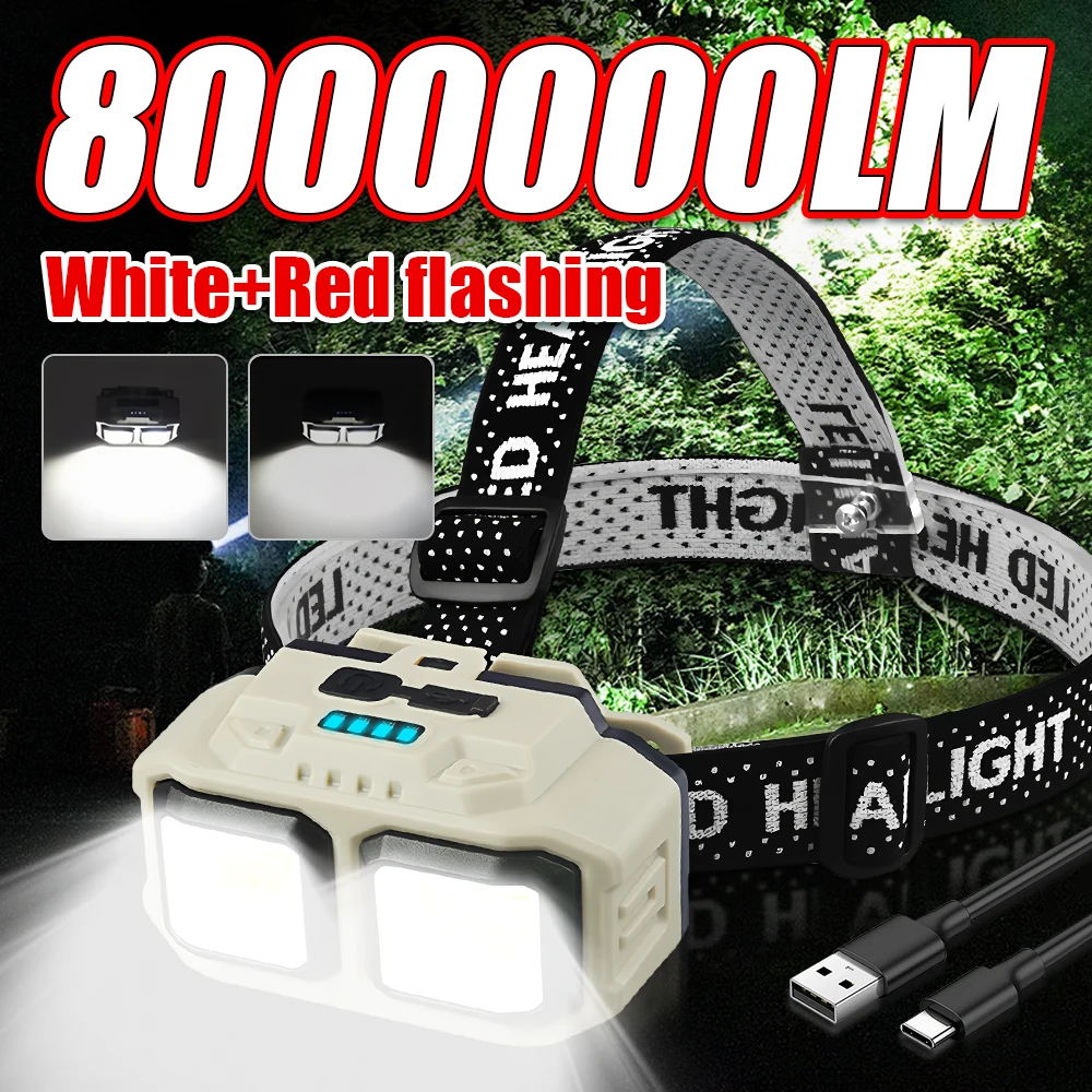 8000000LM Super Bright Headlamp USB Rechargeable LED Headlight Fishing Lamps Camping Head Flashlights Powerful Waterproof Lights