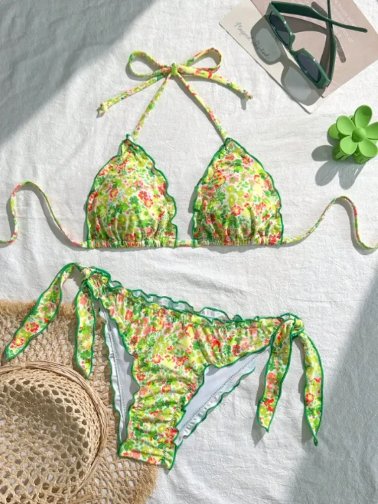 Women Cute Bikini Set 2025 New Summer Orange Floral Print Halter Ruffles Push Up Tie Side Thong Swimsuit Bathing Suit