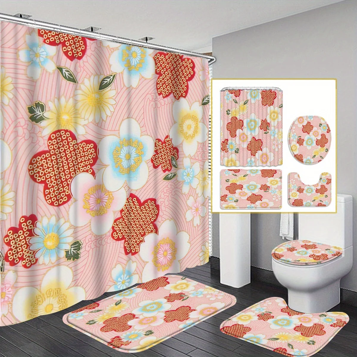 

Japanese pattern 4pcs shower curtain set with 12 hooks --shower curtain, bath mat, toilet seat cover and U-shaped rug