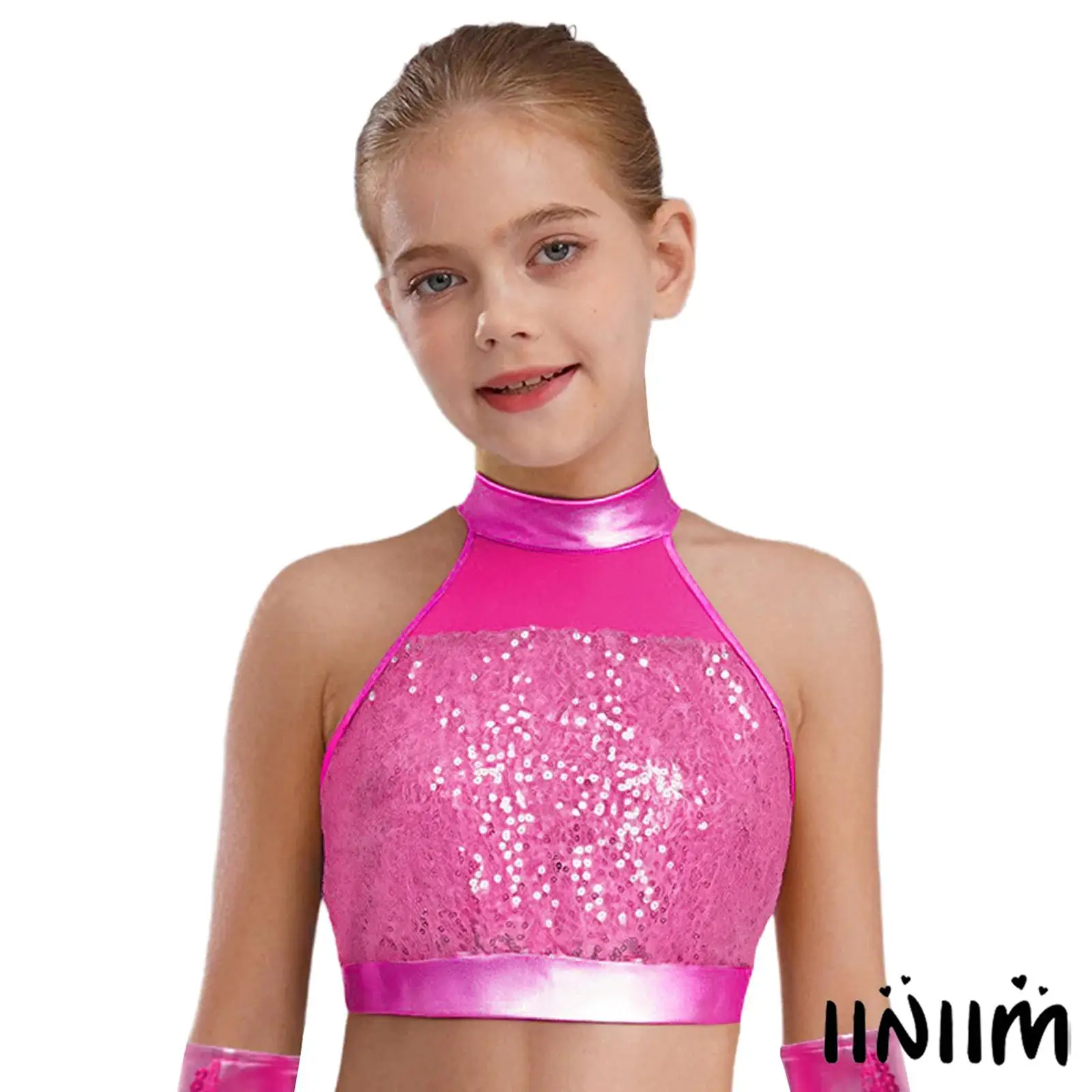 

Kids Girls Lyrical Dance Tops Sleeveless Mock Neck Glitter Sequin Patchwork Keyhole Back Crop Top Jazz Belly Dance Costume