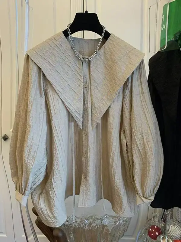 2025 Primavera Camisas De Mujer Chic Fold Design Camicetta Abbigliamento donna Colletto alla Peter Pan Manica lunga Camicie vintage Camicetta allentata Top