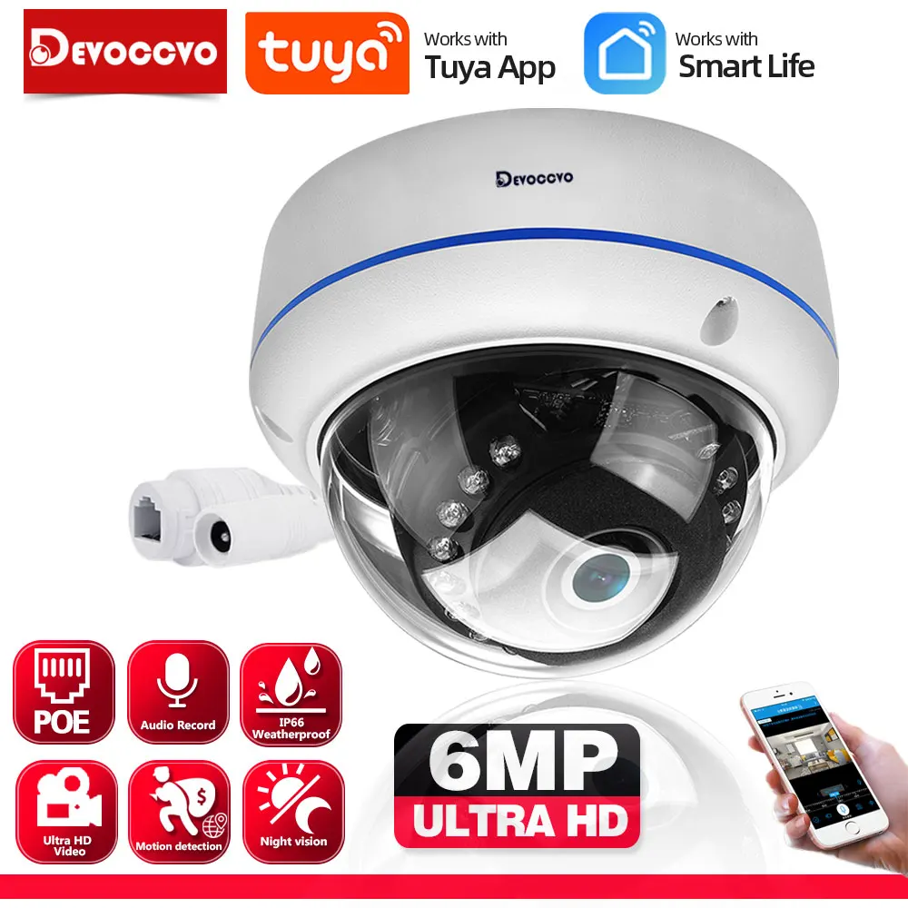 

Tuya 5MP POE Dome Security IP Camera with Audio Outdoor Home Smart Life CCTV Surveillance Ceiling Camera 6MP Night Vision IP Cam