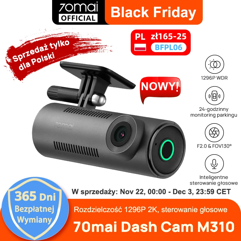 【New】70mai Dash Cam M310 1296P F2.0 Aperture Night Vision 130°FOV Smart Voice Control 24H Parking Guard 70mai M310 Recorders